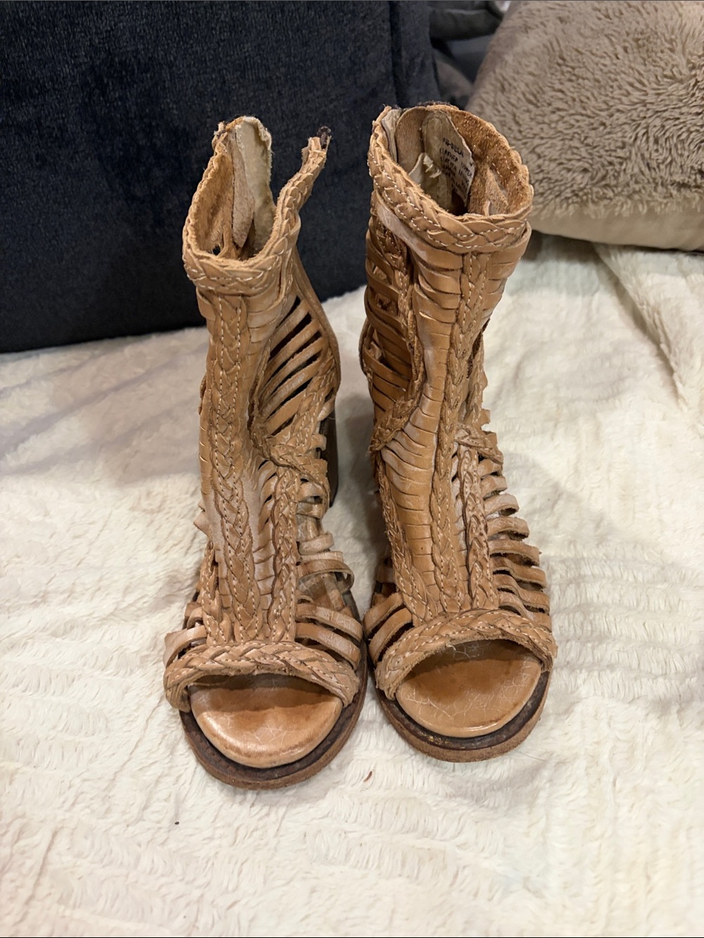 lululemon athletica Tan Braided Open-Toe Gladiator Wedge Sandals